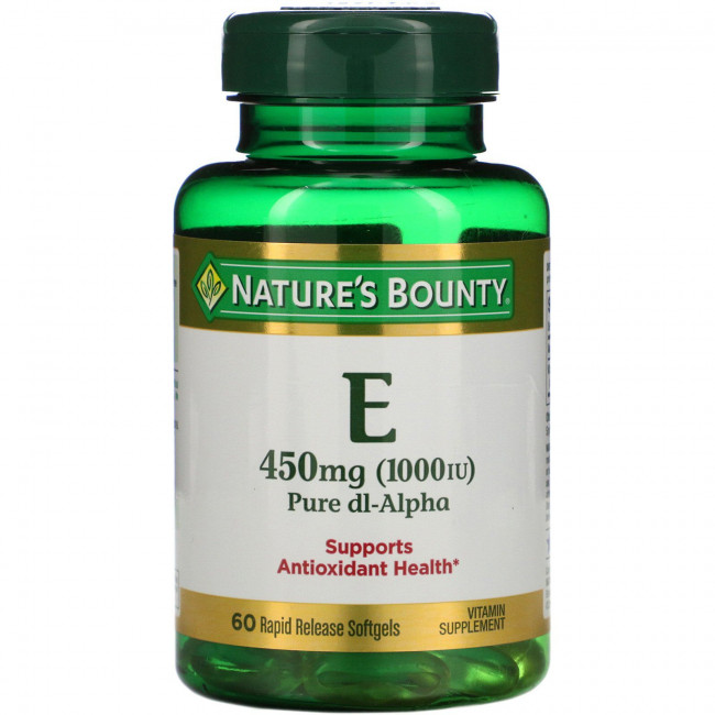 Nature's Bounty, витамин E, чистый Dl-альфа, 450 мг (1000 МЕ), 60 капсул с быстрым высвобождением Nature's Bounty, витамин E, чистый Dl-альфа, 450 мг (1000 МЕ), 60 капсул с быстрым высвобождением