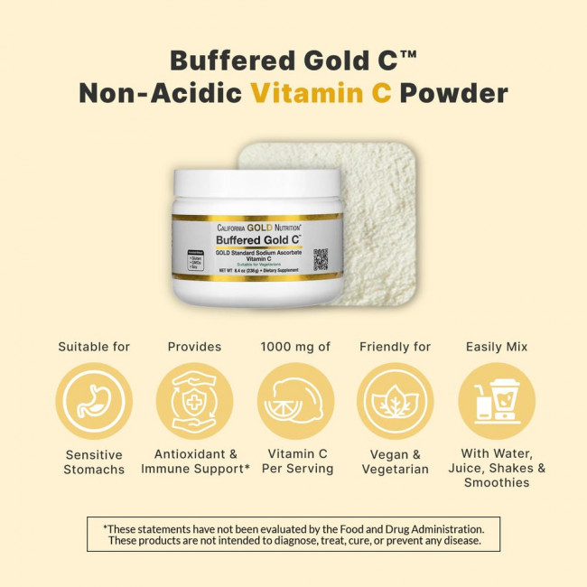 California Gold Nutrition, Buffered Gold C, некислый буферизованный витамин C в форме порошка, аскорбат натрия, 238 г (8,4 унции) California Gold Nutrition, Buffered Gold C, некислый буферизованный витамин C в форме порошка, аскорбат натрия, 238 г (8,4 унции)