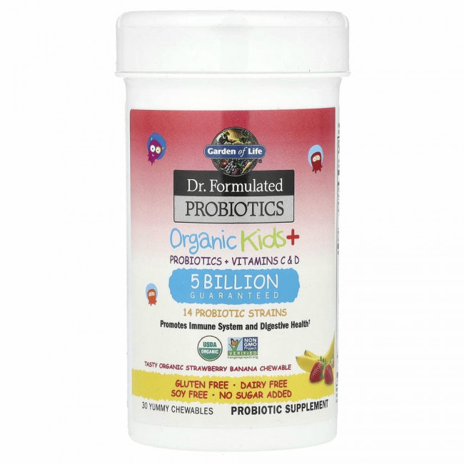 Garden of Life, Dr Formulated Probiotics, Organic Kids+, органические пробиотики для детей, со вкусом органической клубники и банана, 30 вкусных жевательных таблеток Garden of Life, Dr Formulated Probiotics, Organic Kids+, органические пробиотики для детей, со вкусом органической клубники и банана, 30 вкусных жевательных таблеток