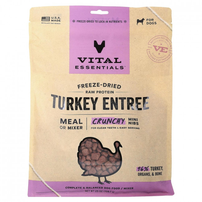 Vital Essentials, сублимированный сырой белок, хрустящие мини-крупинки, для собак, блюдо из индейки, 708,7 г (25 унций)