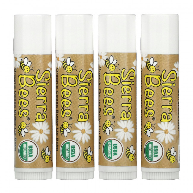Sierra Bees, Органические бальзамы для губ, какао-масло, 4 штуки в упаковке весом 0,15 унции (4,25 г) каждая Sierra Bees, Органические бальзамы для губ, какао-масло, 4 штуки в упаковке весом 0,15 унции (4,25 г) каждая