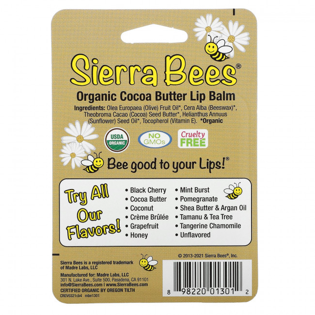 Sierra Bees, Органические бальзамы для губ, какао-масло, 4 штуки в упаковке весом 0,15 унции (4,25 г) каждая Sierra Bees, Органические бальзамы для губ, какао-масло, 4 штуки в упаковке весом 0,15 унции (4,25 г) каждая