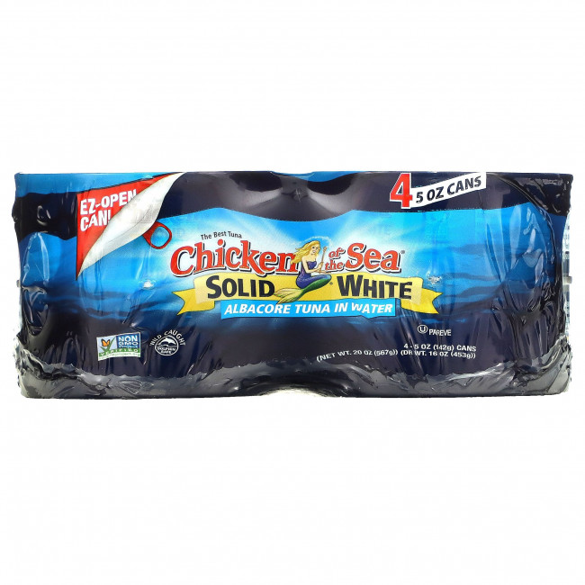 Chicken of the Sea, Solid White, альбакорный тунец в воде, 4 пакетика по 142 г (5 унций) Chicken of the Sea, Solid White, альбакорный тунец в воде, 4 пакетика по 142 г (5 унций)