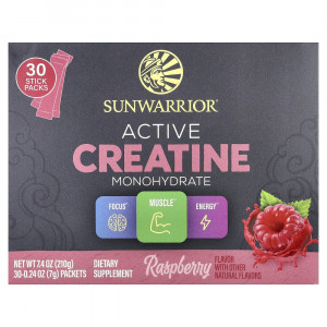 Sunwarrior, активный моногидрат креатина, малиновый вкус, 30 пакетиков по 7 г (0,24 унции) каждый.