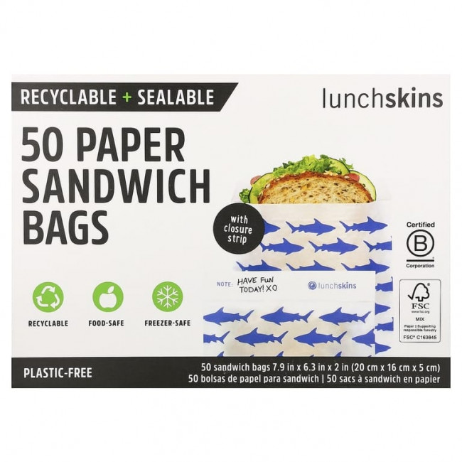 Lunchskins, бумажные пакеты для сэндвичей, акула, 50 шт. Lunchskins, бумажные пакеты для сэндвичей, акула, 50 шт.