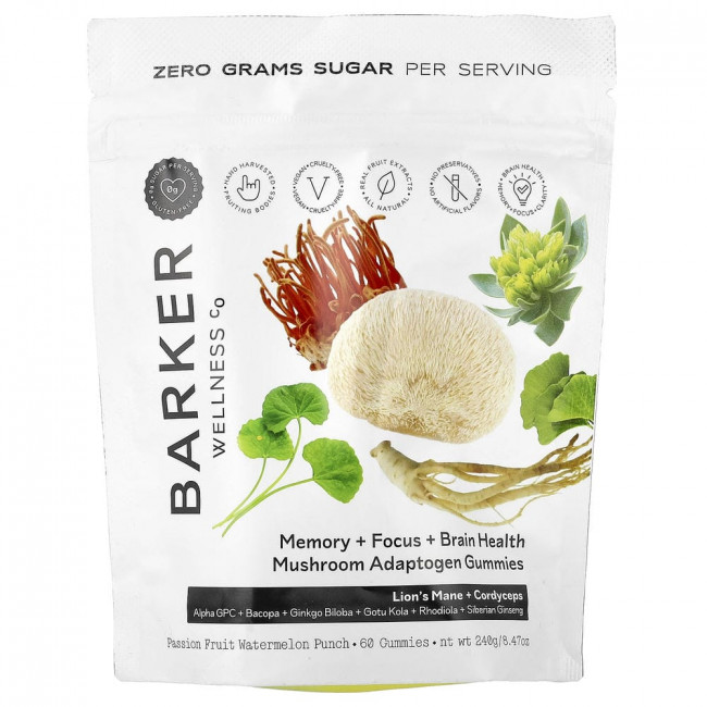 Barker Wellness Co, жевательные конфеты с грибами и адаптогенами, вкус маракуйи и арбуза, 60 штук. Barker Wellness Co, жевательные конфеты с грибами и адаптогенами, вкус маракуйи и арбуза, 60 штук.