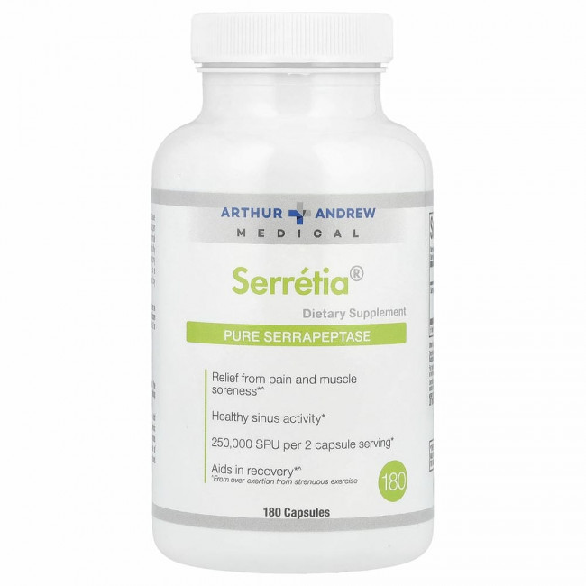 Arthur Andrew Medical, Serretia, чистая серрапептаза, 500 мг, 180 капсул Arthur Andrew Medical, Serretia, чистая серрапептаза, 500 мг, 180 капсул