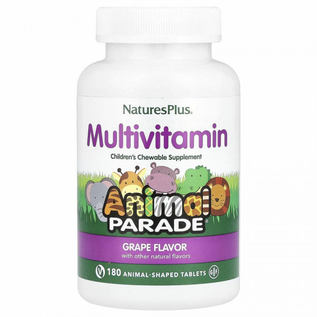 NaturesPlus, Детская добавка с мультивитаминами и микроэлементами, натуральный ароматизатор «Виноград», 180 жевательных таблеток в виде фигурок животных