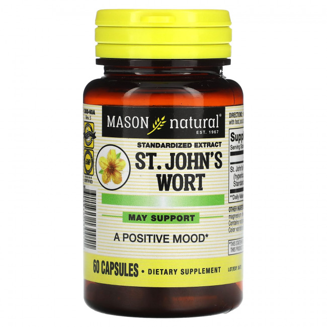 Mason Natural, Стандартизированный экстракт, зверобой, 60 капсул Mason Natural, Стандартизированный экстракт, зверобой, 60 капсул