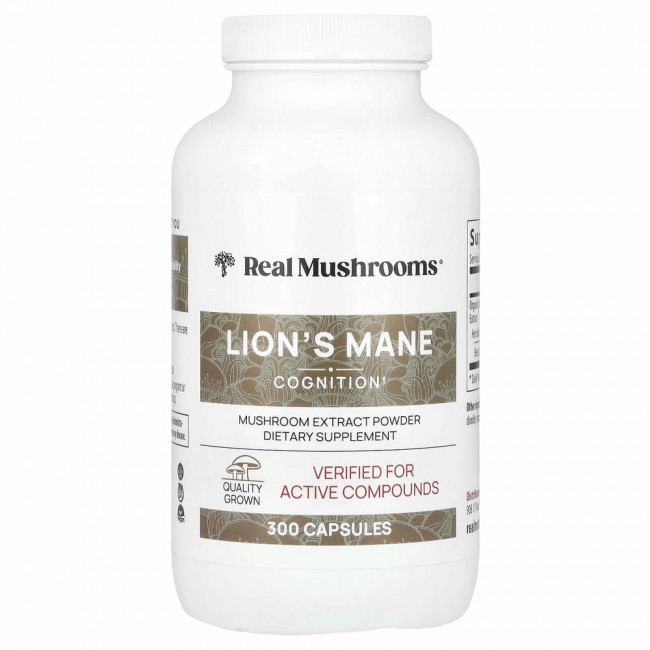 Real Mushrooms, Lion's Mane, порошок с экстрактом грибов, 300 капсул