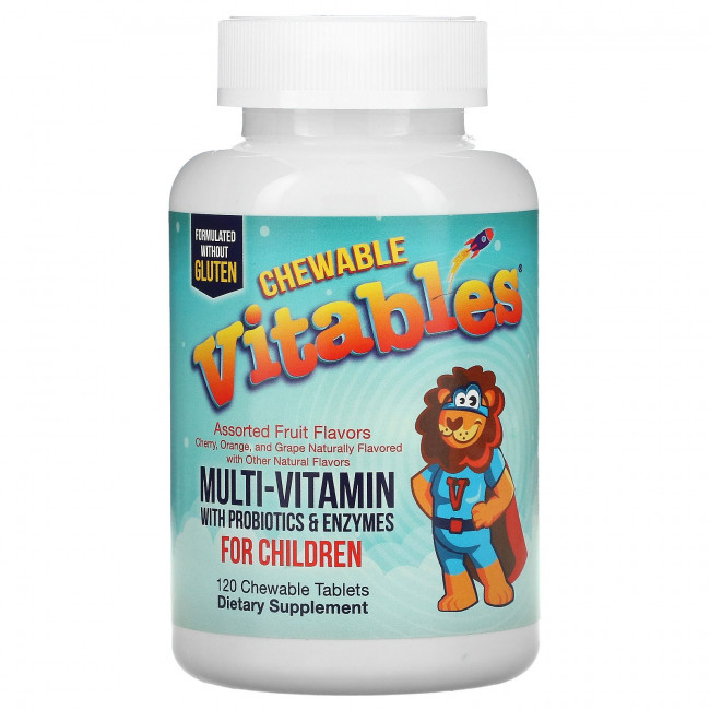 Vitables, жевательные мультивитамины с пробиотиками и ферментами, для детей, ассорти фруктовых вкусов, 120 вегетарианских таблеток Vitables, жевательные мультивитамины с пробиотиками и ферментами, для детей, ассорти фруктовых вкусов, 120 вегетарианских таблеток