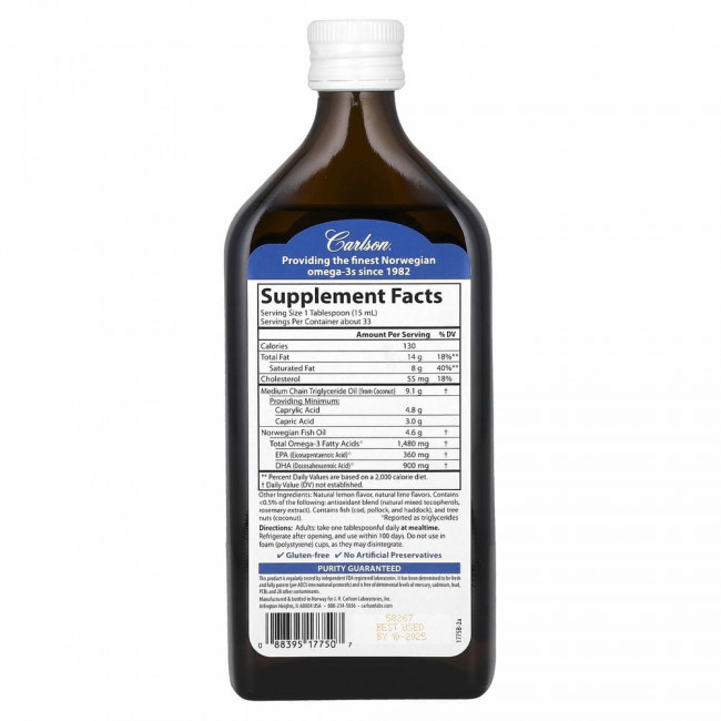 Carlson Labs, MCT и омега-3, натуральный лимон и лайм, 500 мл (16,9 жидк. Унции) Carlson Labs, MCT и омега-3, натуральный лимон и лайм, 500 мл (16,9 жидк. Унции)
