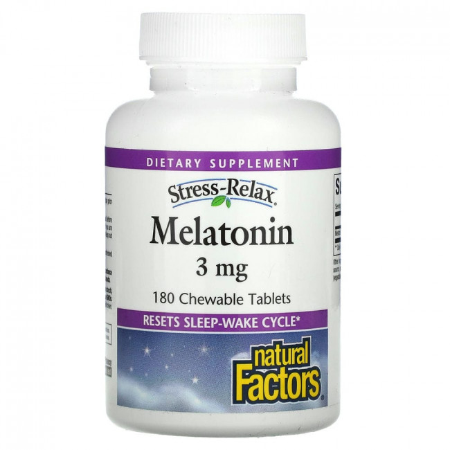 Natural Factors, Stress-Relax, мелатонин, 3 мг, 180 жевательных таблеток Natural Factors, Stress-Relax, мелатонин, 3 мг, 180 жевательных таблеток