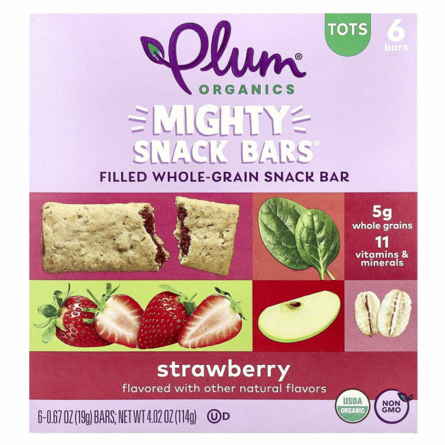 Plum Organics, Mighty Snack Bars, для малышей, клубничный вкус, 6 батончиков по 19 г (0,67 унции)