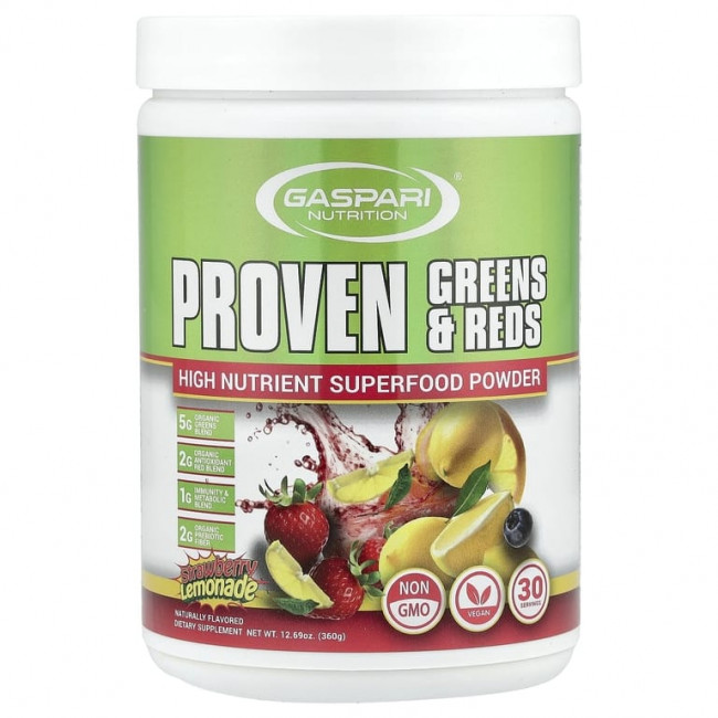 Gaspari Nutrition, Proven Greens & Reds, клубничный лимонад, 360 г (12,69 унции) Gaspari Nutrition, Proven Greens & Reds, клубничный лимонад, 360 г (12,69 унции)