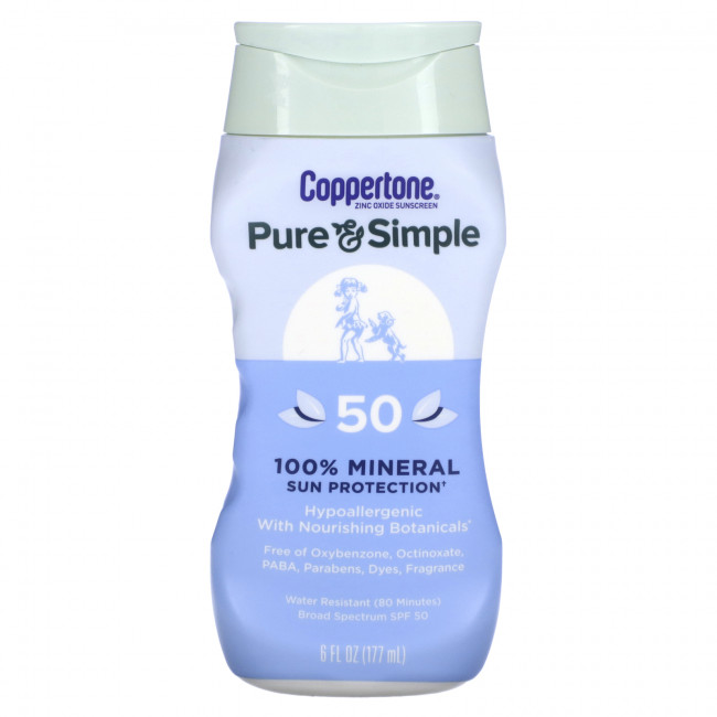 Coppertone, Pure & Simple, 100% минеральная защита от солнца, SPF 50, 177 мл (6 жидк. Унций) Coppertone, Pure & Simple, 100% минеральная защита от солнца, SPF 50, 177 мл (6 жидк. Унций)
