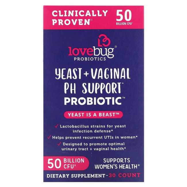 LoveBug Probiotics, Дрожжи и пробиотик для поддержки влагалищного уровня PH, повышенная эффективность, 50 млрд КОЕ, 30 шт.