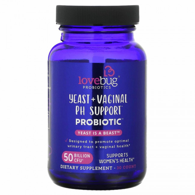 LoveBug Probiotics, Дрожжи и пробиотик для поддержки влагалищного уровня PH, повышенная эффективность, 50 млрд КОЕ, 30 шт.