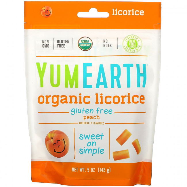 YumEarth, Мягкая пищевая персиковая лакрица без глютена + Вкусно, 5 унций (140 г)