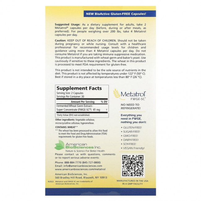 American Biosciences, Metatrol®, Fermented Wheat Germ Extract, 60 Vegetarian Capsules American Biosciences, Metatrol®, Fermented Wheat Germ Extract, 60 Vegetarian Capsules