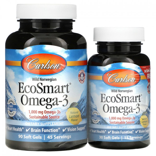 Carlson Labs, EcoSmart Omega-3, натуральный ароматизатор «Лимон», 1000 мг, 90 + 30 желатиновых капсул Carlson Labs, EcoSmart Omega-3, натуральный ароматизатор «Лимон», 1000 мг, 90 + 30 желатиновых капсул