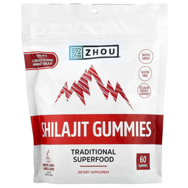 Zhou Nutrition, жевательные конфеты с шиладжитом, натуральный вишнево-ванильный вкус, 60 штук.