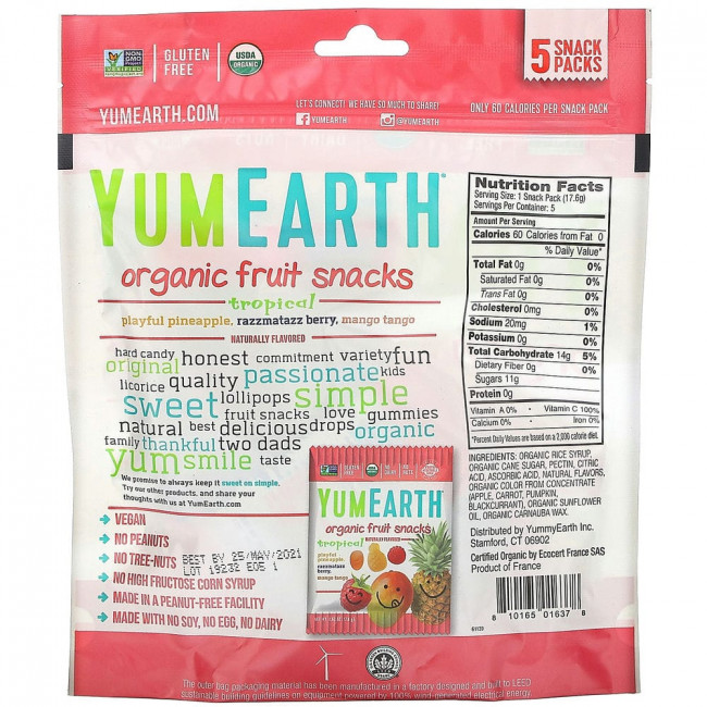 YumEarth, органические фруктовые снеки, тропические фрукты, 5 упаковок, 17,6 г (0,62 унции) в каждой