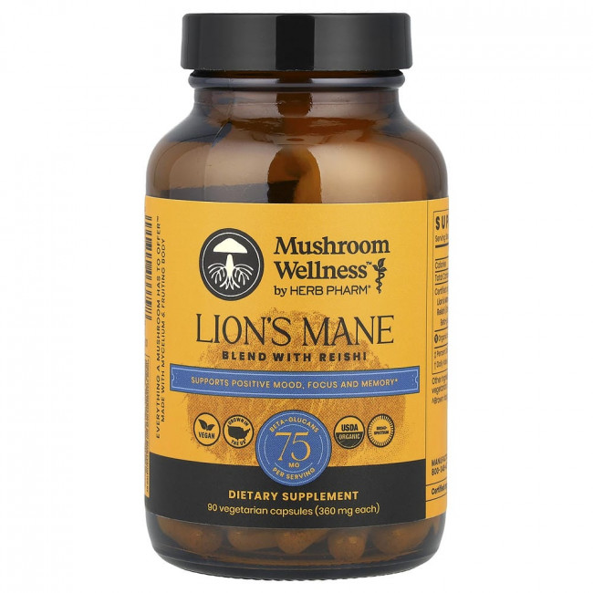Herb Pharm, Mushroom Wellness™, смесь гриба Львиная грива с грибом рейши, 90 вегетарианских капсул