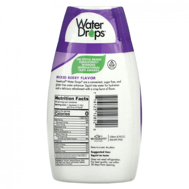 Wisdom Natural, SweetLeaf, Water Drops, вкусный усилитель воды со стевией, ягодный сбор, 48 мл (1,62 жидк. Унции)