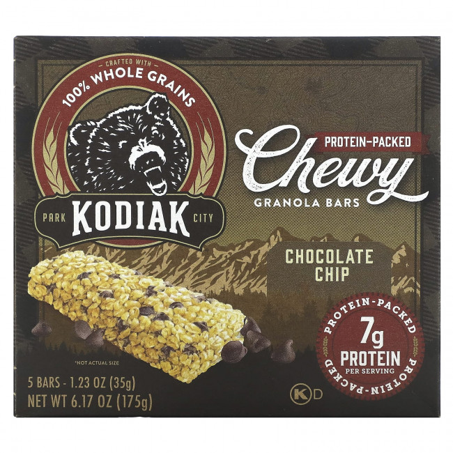 Kodiak Cakes, Жевательные батончики из гранолы, шоколадная крошка, 5 батончиков, 35 г (1,23 унции) Kodiak Cakes, Жевательные батончики из гранолы, шоколадная крошка, 5 батончиков, 35 г (1,23 унции)