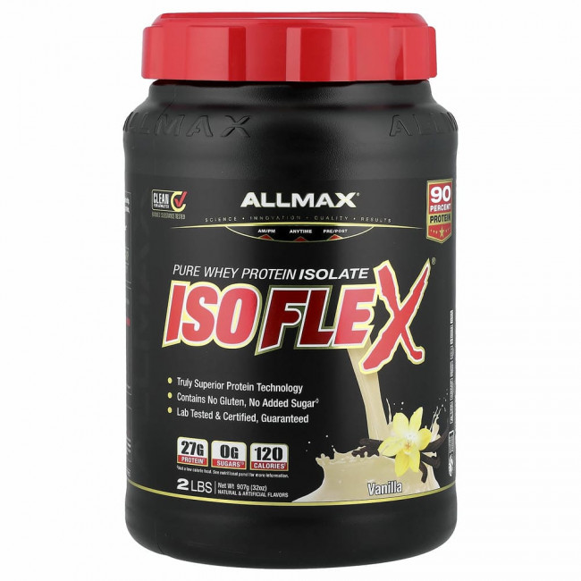 ALLMAX Nutrition, Isoflex, 100%-ный ультрачистый изолят сывороточного белка (ИБС с фильтрацией заряженными ионными частицами), ваниль, 2 фунта (907 г)