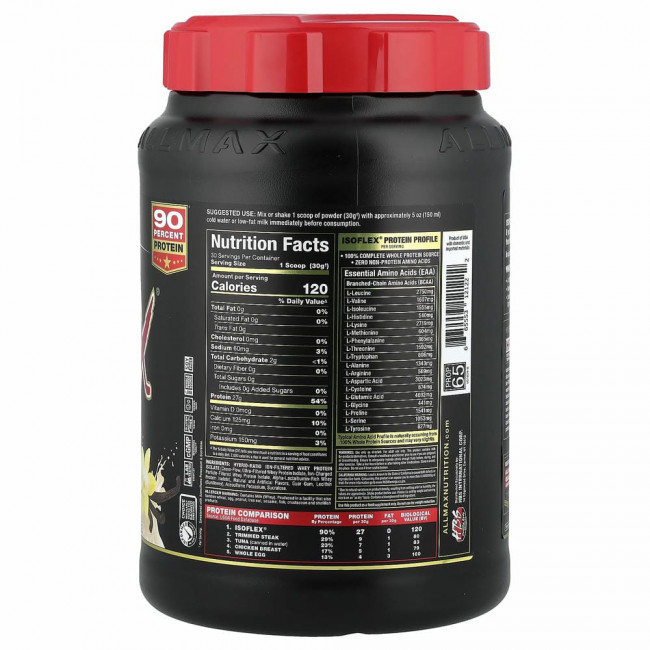 ALLMAX Nutrition, Isoflex, 100%-ный ультрачистый изолят сывороточного белка (ИБС с фильтрацией заряженными ионными частицами), ваниль, 2 фунта (907 г)