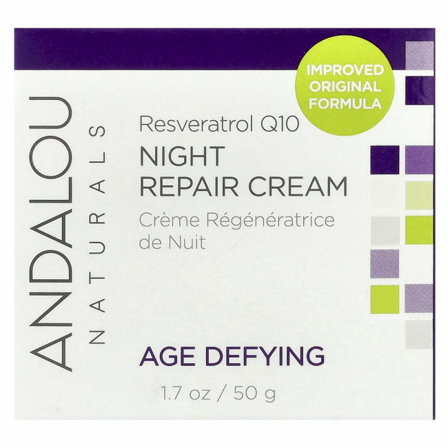 Andalou Naturals, Ночной восстанавливающий крем, Ресвератрол Q10, против старения, 50 мл Andalou Naturals, Ночной восстанавливающий крем, Ресвератрол Q10, против старения, 50 мл