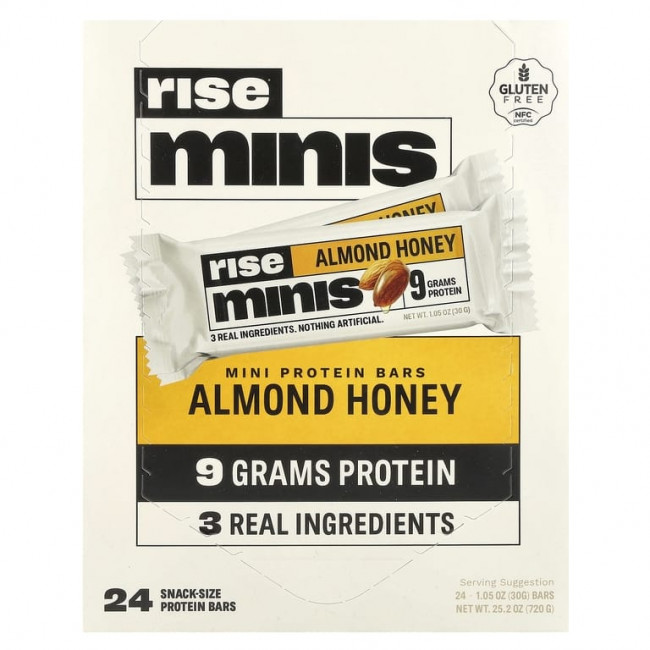 Rise Bar, Rise Minis, протеиновые мини-батончики, миндальный мед, 24 протеиновых батончика размером с порцию, 30 г (1,05 унции) каждый Rise Bar, Rise Minis, протеиновые мини-батончики, миндальный мед, 24 протеиновых батончика размером с порцию, 30 г (1,05 унции) каждый