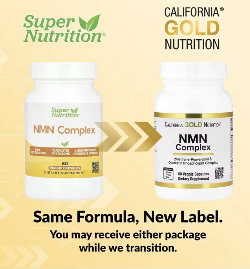 California Gold Nutrition, комплекс с NMN, транс-ресвератролом, фитосомным комплексом кверцетина, апигенином и лютеолином, 60 вегетарианских капсул