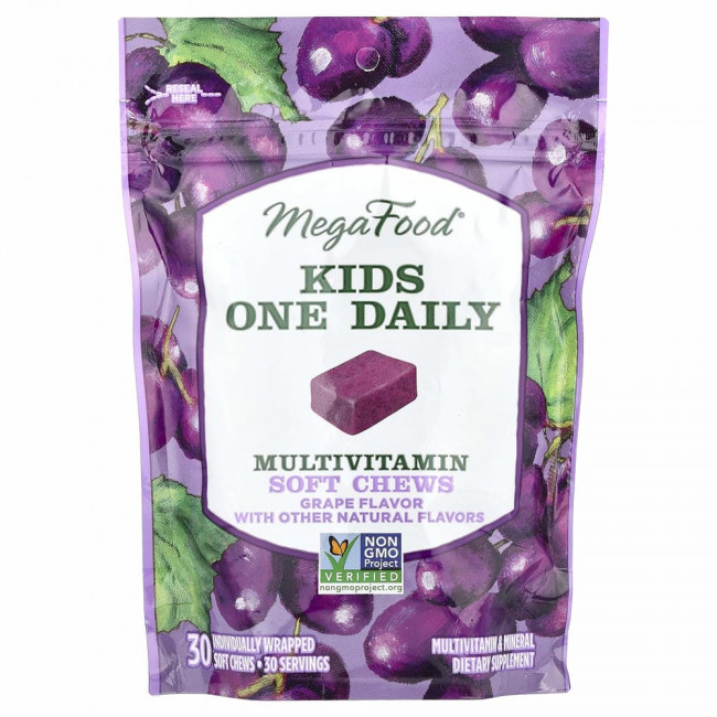 MegaFood, One Daily, для детей, жевательная мультивитаминная добавка, со вкусом винограда, 30 жевательных пастилок в индивидуальной упаковке