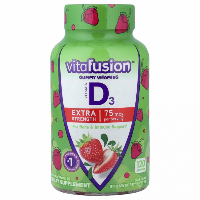 VitaFusion, Витамин D3 повышенной силы действия, поддержка костей и иммунитета, натуральный клубничный вкус, 37.5 мкг, 120 жевательных мармеладок VitaFusion, Витамин D3 повышенной силы действия, поддержка костей и иммунитета, натуральный клубничный вкус, 37.5 мкг, 120 жевательных мармеладок