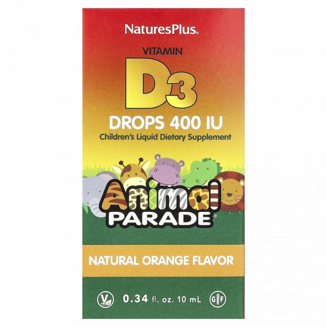 NaturesPlus, Source of Life, Animal Parade, витамин D3 в каплях, с натуральным апельсиновым вкусом, 400 МЕ, 10 мл (0,34 жидк. унции) NaturesPlus, Source of Life, Animal Parade, витамин D3 в каплях, с натуральным апельсиновым вкусом, 400 МЕ, 10 мл (0,34 жидк. унции)