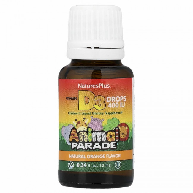 NaturesPlus, Source of Life, Animal Parade, витамин D3 в каплях, с натуральным апельсиновым вкусом, 400 МЕ, 10 мл (0,34 жидк. унции) NaturesPlus, Source of Life, Animal Parade, витамин D3 в каплях, с натуральным апельсиновым вкусом, 400 МЕ, 10 мл (0,34 жидк. унции)