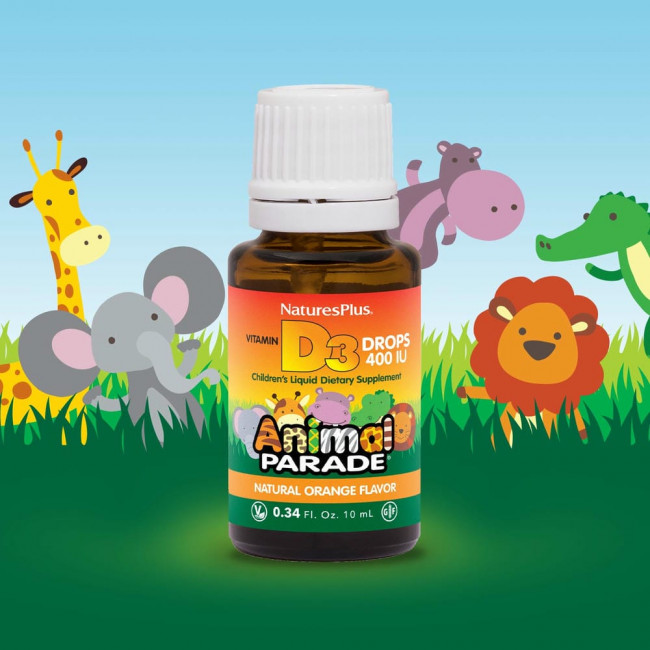 NaturesPlus, Source of Life, Animal Parade, витамин D3 в каплях, с натуральным апельсиновым вкусом, 400 МЕ, 10 мл (0,34 жидк. унции) NaturesPlus, Source of Life, Animal Parade, витамин D3 в каплях, с натуральным апельсиновым вкусом, 400 МЕ, 10 мл (0,34 жидк. унции)