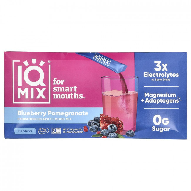 IQBAR, IQMIX®, Смесь для увлажнения, ясности ума и улучшения настроения, Черника и гранат, 20 стиков, по 8 г каждый.