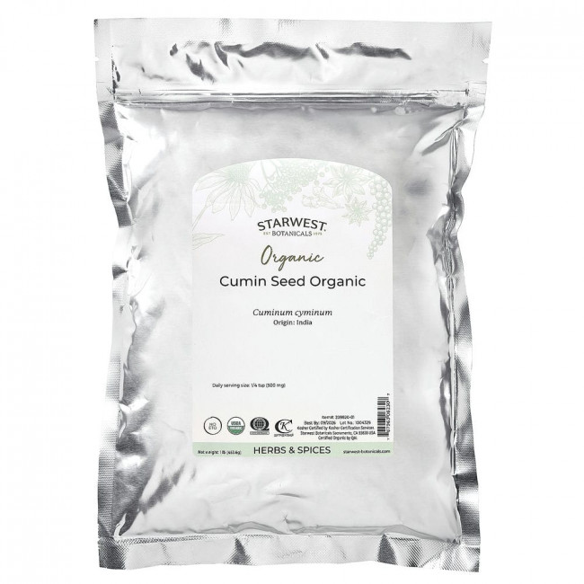 Starwest Botanicals, Органические цельные семена тмина, 1 фунт Starwest Botanicals, Органические цельные семена тмина, 1 фунт