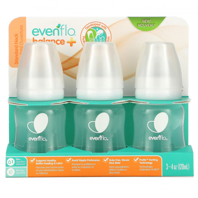 Evenflo Feeding, Balance +, стандартные, для детей от 0 месяцев, с медленным потоком, 3 флакона по 120 мл (4 унции) Evenflo Feeding, Balance +, стандартные, для детей от 0 месяцев, с медленным потоком, 3 флакона по 120 мл (4 унции)