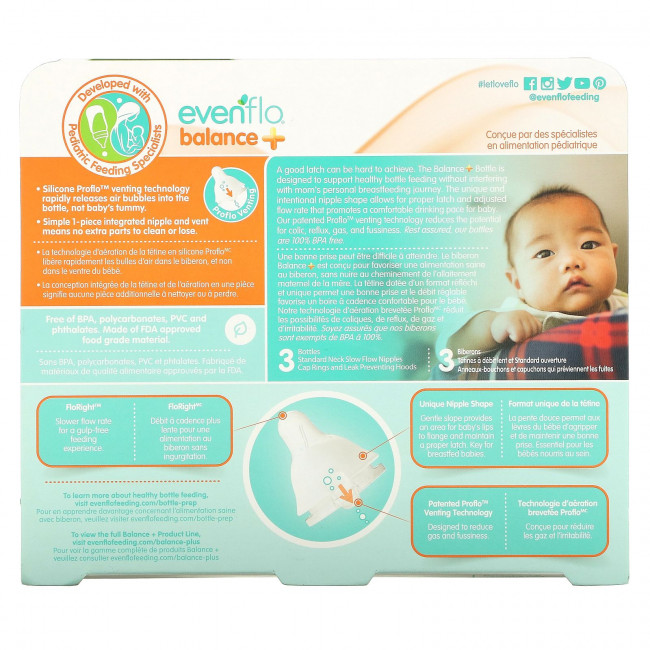 Evenflo Feeding, Balance +, стандартные, для детей от 0 месяцев, с медленным потоком, 3 флакона по 120 мл (4 унции) Evenflo Feeding, Balance +, стандартные, для детей от 0 месяцев, с медленным потоком, 3 флакона по 120 мл (4 унции)