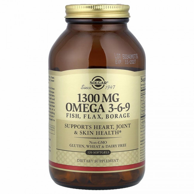 Solgar, омега 3-6-9, 1300 мг, 120 мягких таблеток
