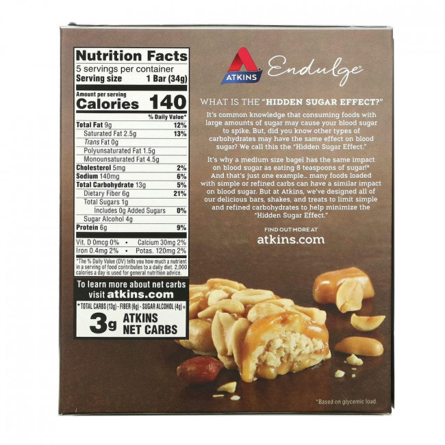 Atkins, Endulge, Арахивово-карамельное лакомство, 5 батончиков по 34 г каждый Atkins, Endulge, Арахивово-карамельное лакомство, 5 батончиков по 34 г каждый
