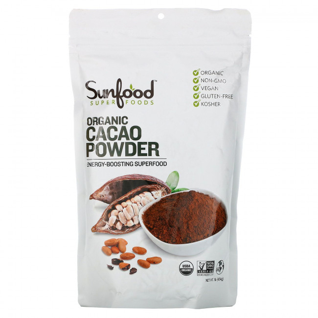 Sunfood, Органический какао-порошок, 454 г (1 фунт) Sunfood, Органический какао-порошок, 454 г (1 фунт)