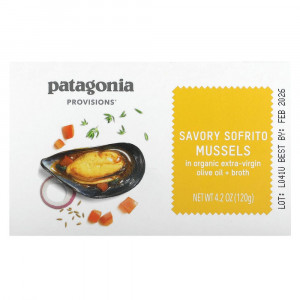 Patagonia Provisions, Пикантные мидии софрито в органическом оливковом масле холодного отжима + бульон, 120 г (4,2 унции) (Товар снят с продажи)