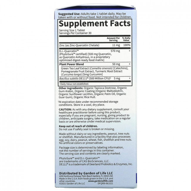 Garden of Life, Доктор Formulated, Quercetin Recovery, 500 мг, 30 веганских таблеток Garden of Life, Доктор Formulated, Quercetin Recovery, 500 мг, 30 веганских таблеток