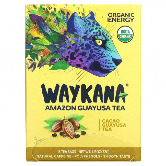 Waykana, Amazon Guayusa Tea, какао-гуаюса, 16 чайных пакетиков, 32 г (1,13 унции) Waykana, Amazon Guayusa Tea, какао-гуаюса, 16 чайных пакетиков, 32 г (1,13 унции)